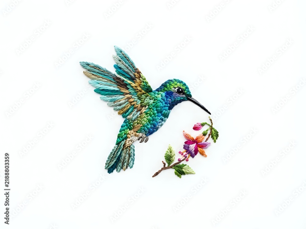 Obraz premium Iridescent hummingbird with emerald and sapphire plumage feeding from delicate pink flower blossoms on white background