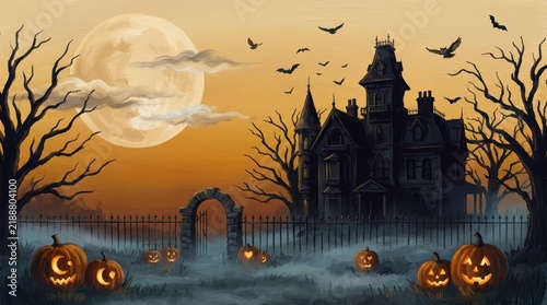 Spooky jack o lantern pumpkins before haunted Victorian mansion, eerie Halloween night scene beneath large glowing yellow harvest moon
