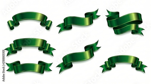 Green Satin Ribbon Banner Set Isolated on White