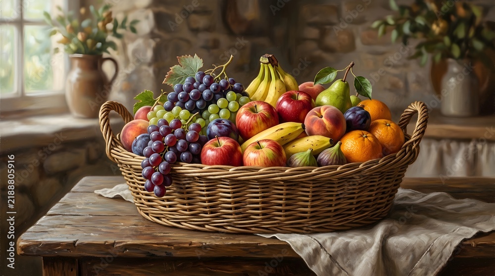 Fototapeta premium Fresh fruits arranged in a rustic wicker basket on a wooden table