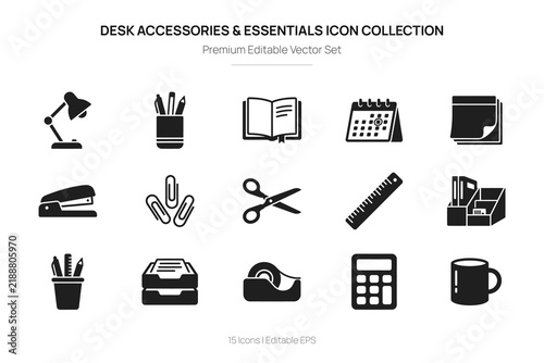 Desk accessories and essentials flat icons set on a white background for office organization
