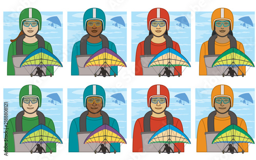 diversity, race, ethnicity of hang gliding glider, vector icons, male and female, wearing harness, helmet and goggles, silhouette of glider in the sky, isolated on a white background
