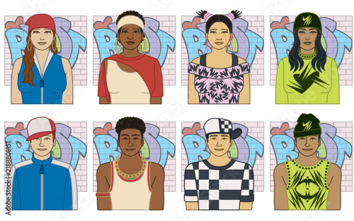 diversity, race, ethnicity of break dance performer, vector icons, male and female, wearing street fashion, graffiti on brick wall, isolated on a white background