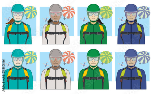 diversity, race, ethnicity of parachuting skydiver, vector icons, male and female, wearing jumpsuit, helmet with visor and harness, parachute and plane in the sky, isolated on a white background