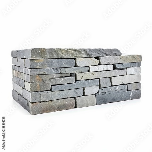 Handchiseled thin gray stack stone block for retaining walls, rectangular natural stone masonry material on white background