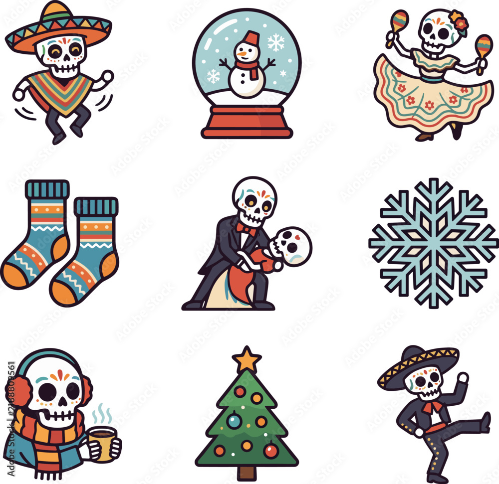 Fototapeta premium Icon set with festive skeleton characters and winter holiday elements, flat design graphic elements