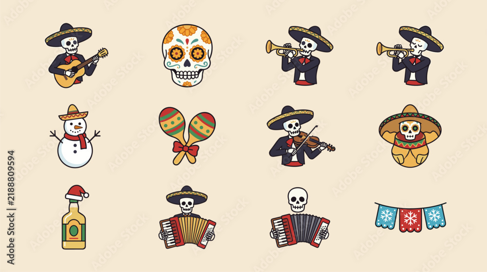 Obraz premium Icon set with mariachi skeletons, sugar skull, snowman, maracas, bottle, and festive garland