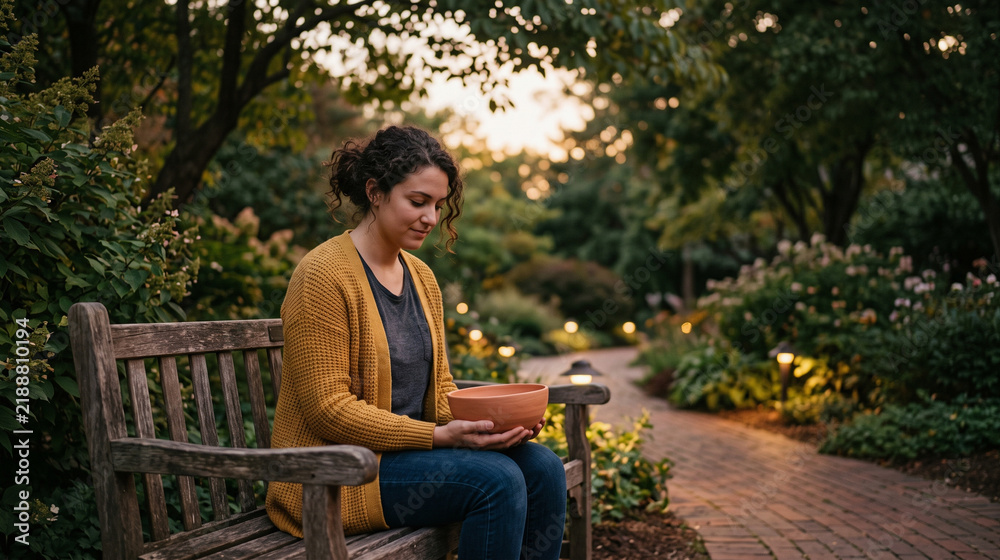 Obraz premium College Student Unwinds in Campus Garden With Handmade Clay Bowl