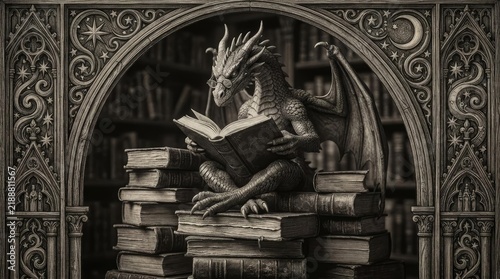 Dragon scholar reading books in an ancient library.