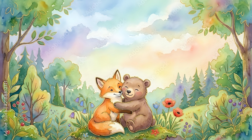Obraz premium Cute fox and bear cub friends sitting together in enchanted forest clearing surrounded by lush green trees, wildflowers and soft pastel sky with clouds
