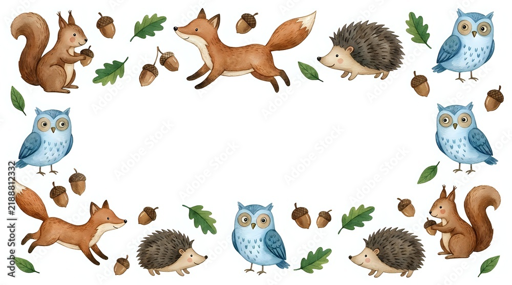 Obraz premium Charming forest animal frame with fox, owl, hedgehog, squirrel, acorns and leaves