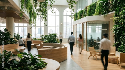 People walking in a sustainable modern eco office lobby with indoor green plants and vertical gardens