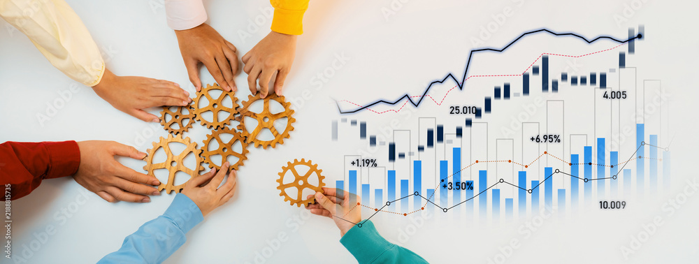 Obraz premium A dynamic representation of teamwork with diverse hands assembling gears, symbolizing collaboration, overlaid with growth graphs that showcase important business insights. Scalp