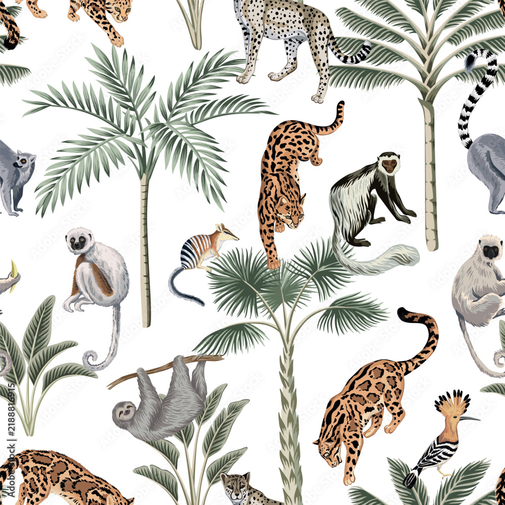Obraz premium Tropical monkey, lemur, cat, sloth, leopard animal, bird, green palm trees floral seamless pattern. Exotic jungle wallpaper.