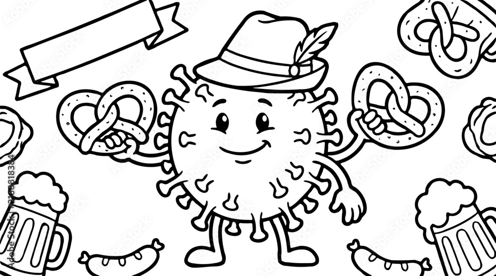 Fototapeta premium Cartoon virus character in traditional hat holding pretzel, surrounded by beer mugs and sausages, black and white outline illustration