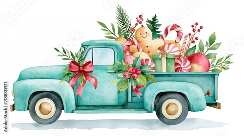 Vintage Pickup Truck with Christmas Treats and Holiday Decor
