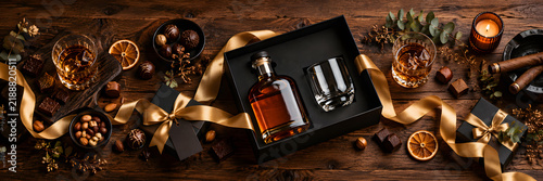 Deluxe Whiskey Gift Set Banner with Glasses, Cigars, and Truffles