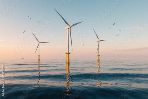 Offshore wind turbines stand in the calm sea during pastel sunset. Seabirds fly around tall power generators reflecting on water. Clean energy source powers future.