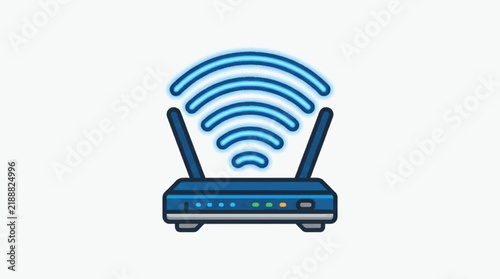 Fotografía Modern wireless Wi-Fi router illustration with glowing blue signal waves, dual antennas, and multicolored status indicator lights on a clean white background for network technology