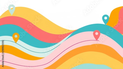 Colorful Winding Roadmap with Location Pins