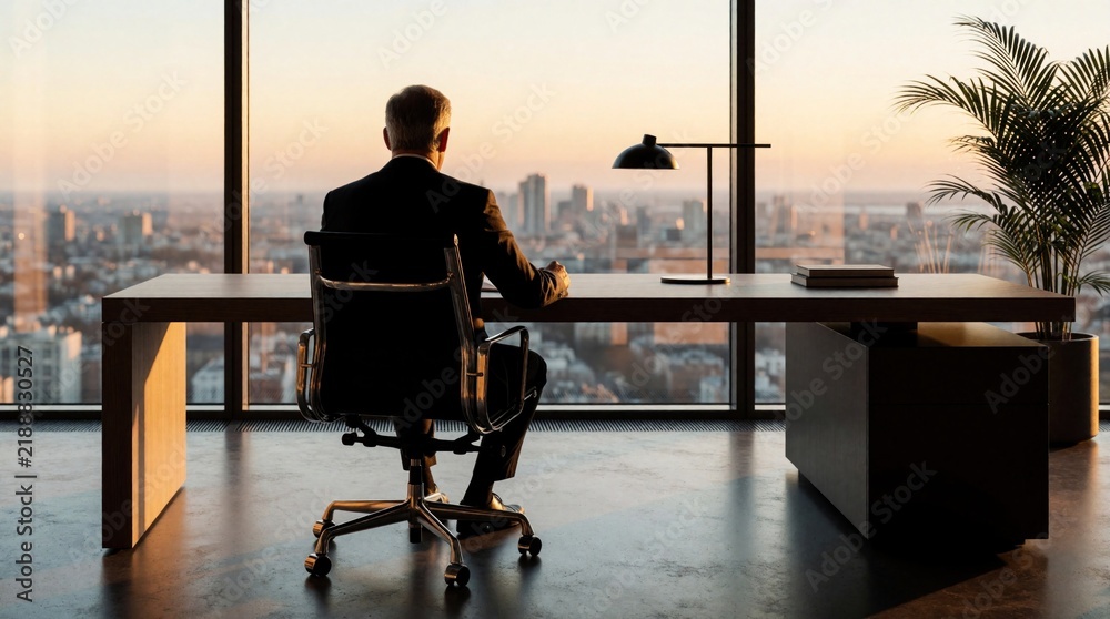 Fototapeta premium Confident male CEO sits at minimalist desk in modern office. Businessman views city skyline during golden sunset through large window. Executive works in luxury workspace with urban view. Successful