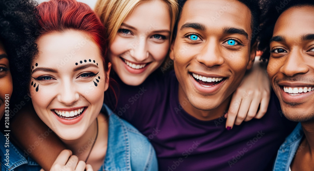 Fototapeta premium A diverse group of young adults sharing smiles and connection, symbolizing joy, unity, and friendship, perfect for lifestyle or community themes