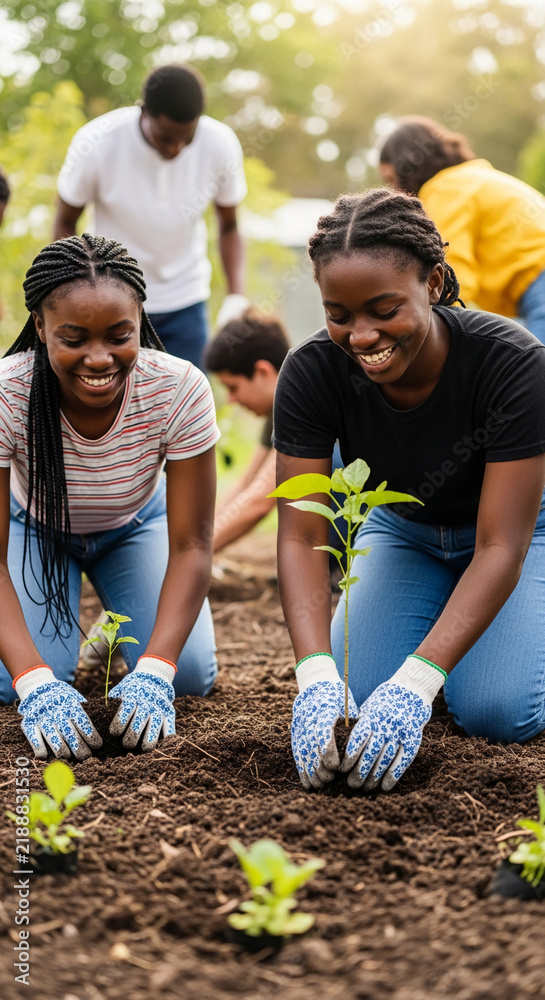 Obraz premium Young people planting small green seedlings in rich dark soil, symbolizing growth, community, and environmental care, representing new beginnings and teamwork