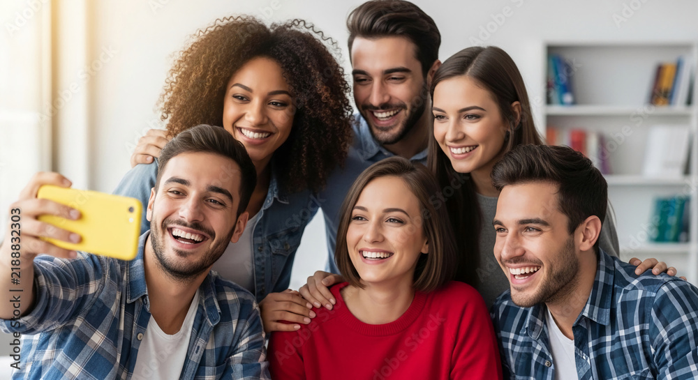 Obraz premium Diverse group of smiling people taking a selfie with a yellow smartphone, symbolizing friendship, happiness, and modern connection