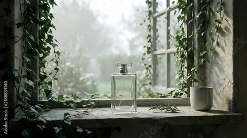 Transparent glass perfume bottle displayed on weathered windowsill surrounded by cascading green ivy and potted plant, misty forest backdrop, minimalist luxury fragrance presentation