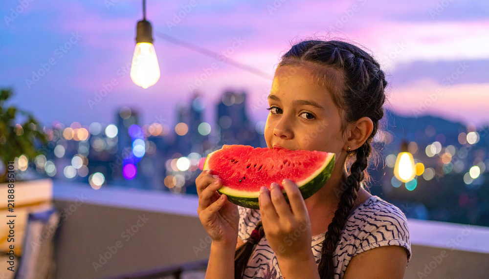 Fototapeta premium A happy young girl eats a juicy slice of fresh watermelon on a rooftop balcony at dusk. The vibrant twilight sky and blurred city lights evoke a warm summer evening atmosphere.