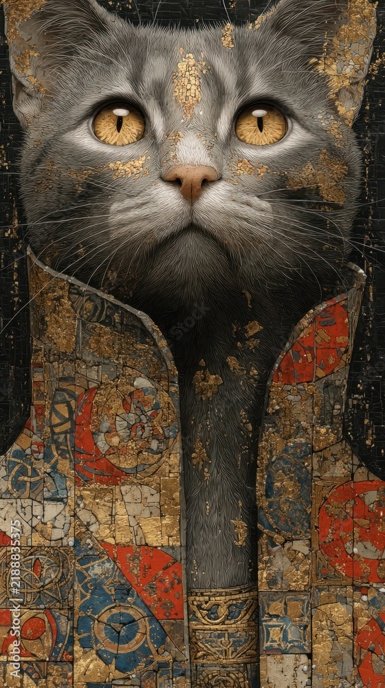 Fototapeta premium Regal cat with golden eyes in ornate attire, ideal for mobile wallpaper.