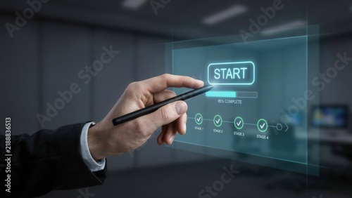 Business professional interacting with a futuristic holographic display panel to initiate a project process using a sleek black digital stylus pen