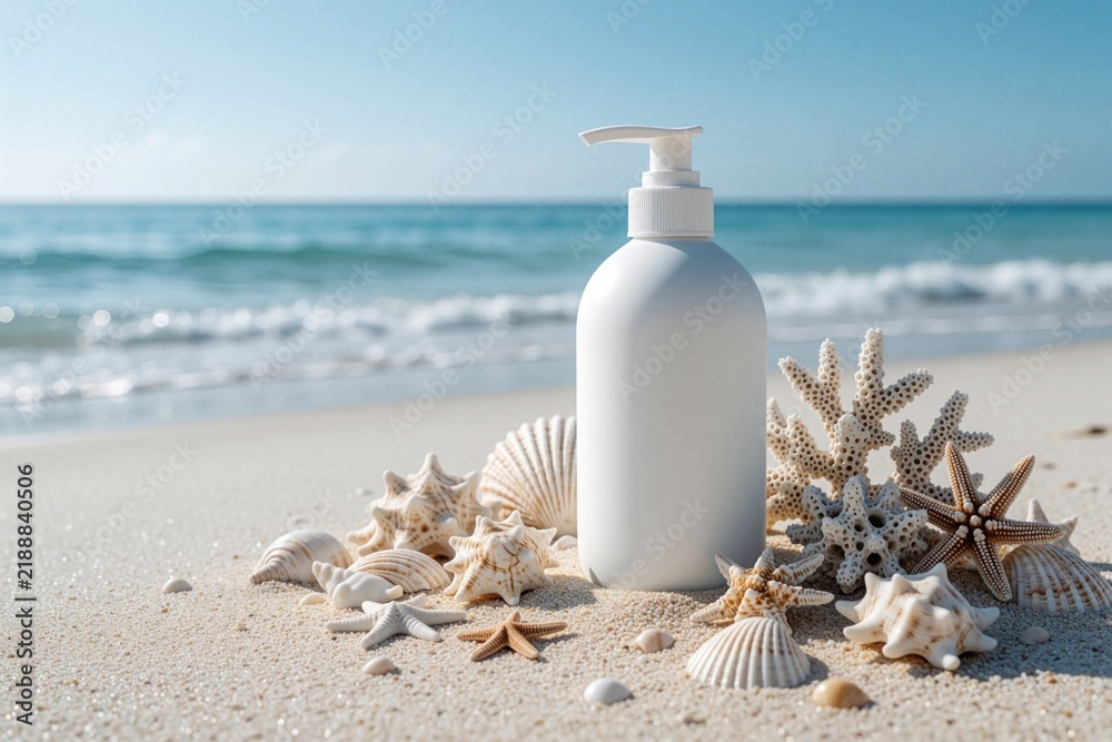 Obraz premium White pump bottle sits on sandy beach surrounded by seashells and coral. Gentle ocean waves wash ashore under bright blue sky. Perfect for summer skincare and travel promotions.