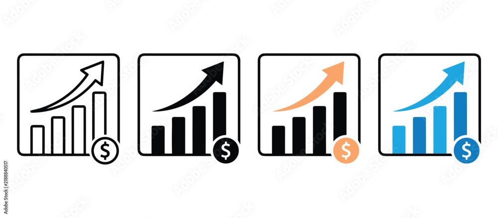 Obraz premium Set of four financial growth bar chart icons featuring rising arrows and dollar currency symbols in various color styles for business