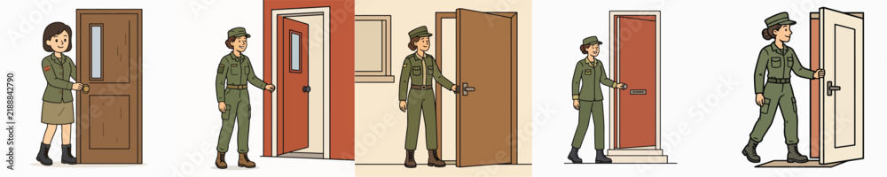 Obraz premium Set of vector illustrations of a female soldier opening a door.