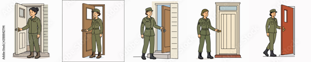 Obraz premium Set of vector illustrations of a female soldier opening a door.