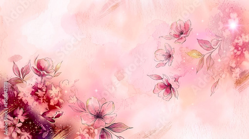 Pink watercolor background with pink flowers, gold glitter, and copy space