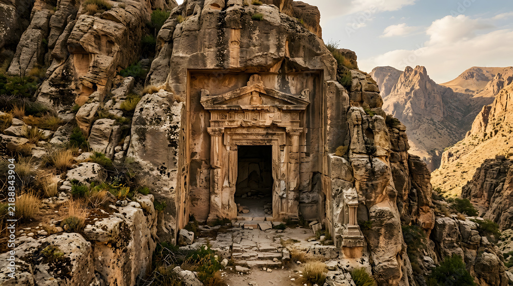 Fototapeta premium Detailed square-topped ancient tomb carved into golden rock.