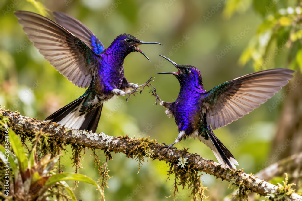 Fototapeta premium Violet Sabrewing Hummingbirds Fighting with Wings Spread in Tropical Forest