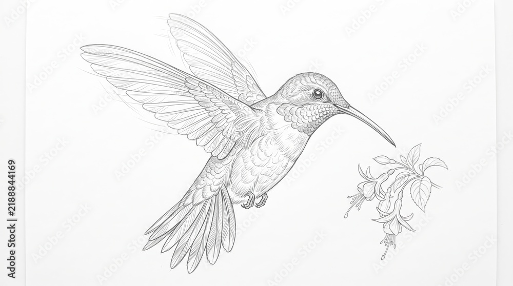 Obraz premium Hummingbird pencil sketch illustration in flight near flower isolated on white background