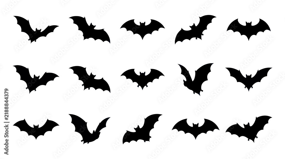 Fototapeta premium Set of black bat silhouettes in different flying positions for Halloween design.