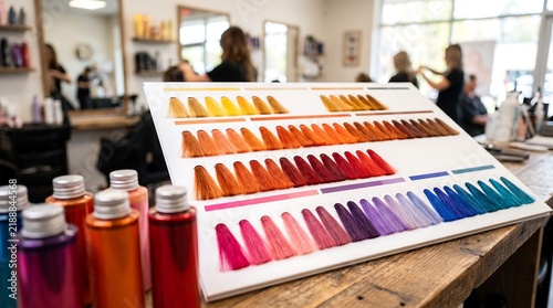 Vibrant Hair Color Swatch Display and Products in a Bustling Modern Salon Environment