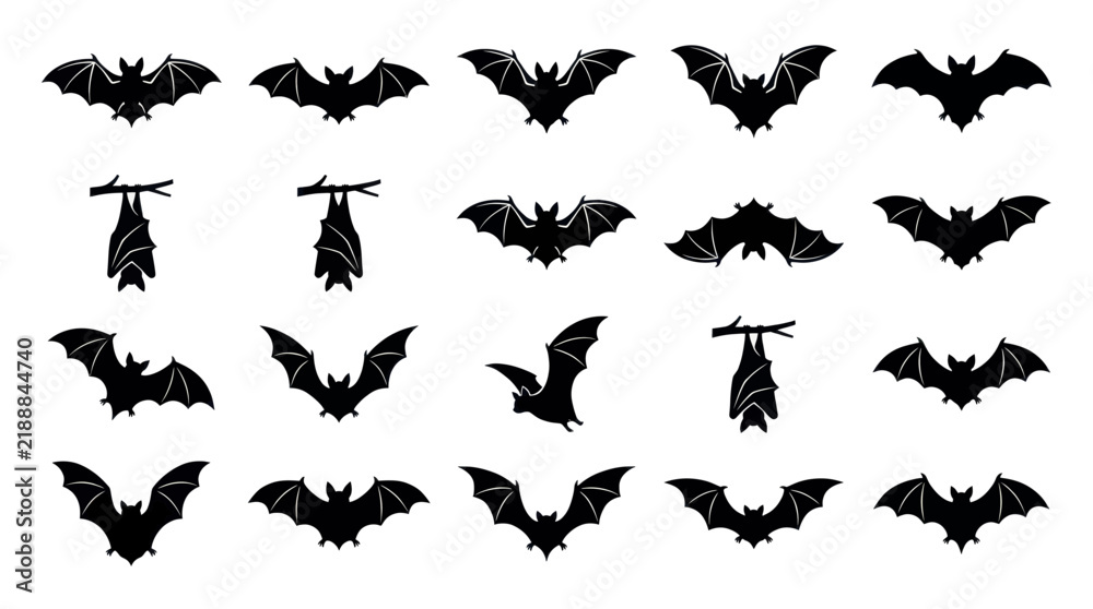 Fototapeta premium Set of black bat silhouettes in various flying and hanging poses for Halloween design.