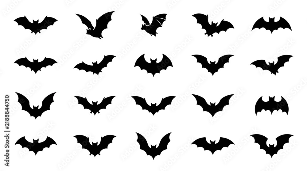 Fototapeta premium A collection of various bat silhouettes isolated on a white background.