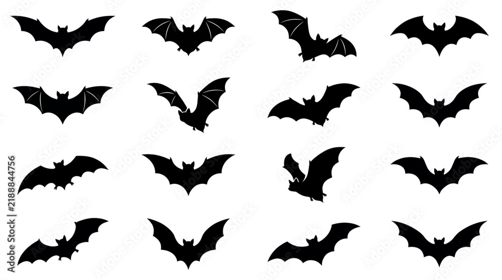 Fototapeta premium Collection of various flying bat silhouettes isolated on a white background.