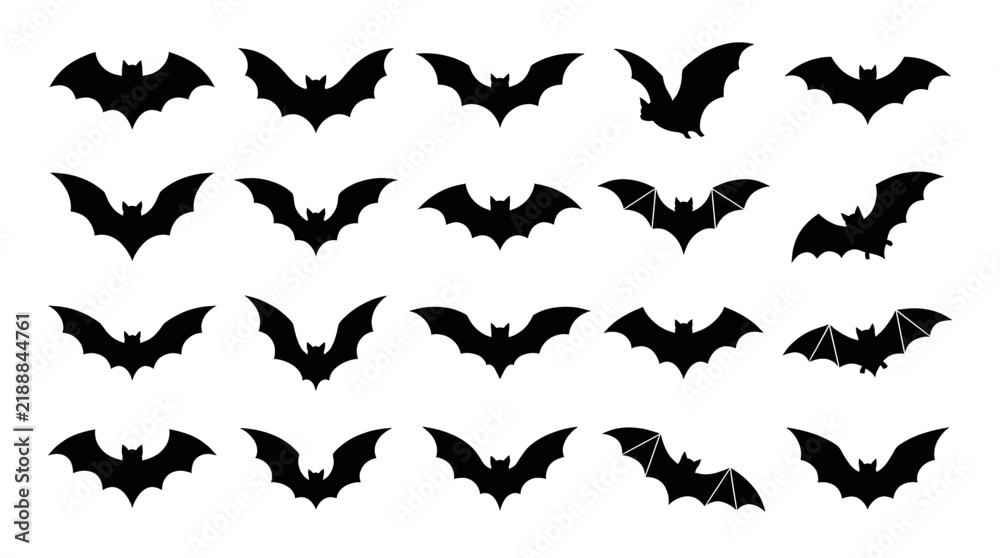 Fototapeta premium Set of black bat silhouettes in various flying poses for Halloween design.