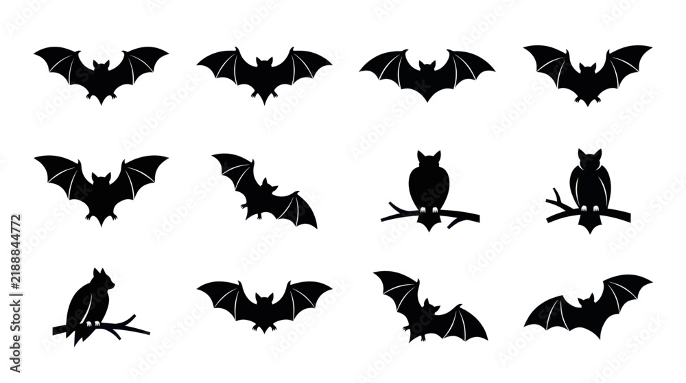 Fototapeta premium Set of black silhouettes of bats in different flying and perched poses for Halloween design.