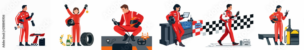 Obraz premium Set of flat vector illustrations depicting male and female professional racers in red suits with racing equipment, victory trophies, and pit stop scenes.