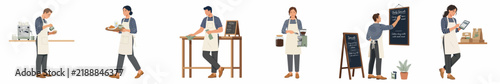 Flat illustration set of male and female baristas performing various tasks in a coffee shop, including serving, cleaning, and making coffee.