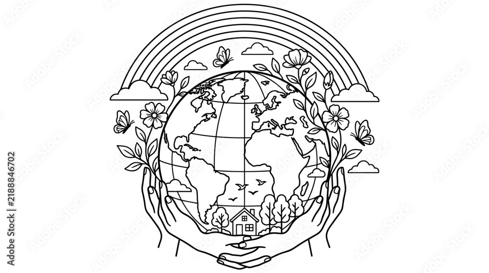 Obraz premium Hands cradle the Earth surrounded by nature, flowers, butterflies, and a rainbow, representing environmental care and hope.